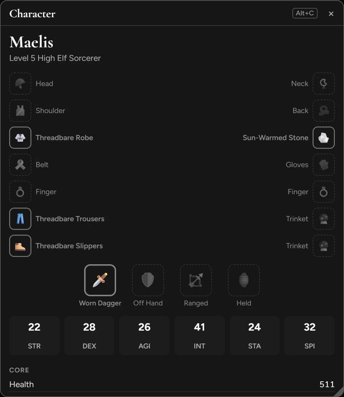 The Character window for Maelis, a level 5 High Elf Sorcerer: a slot for each piece of gear, with a robe, trousers, slippers, a stone and a worn dagger in theirs, and six attributes under them.