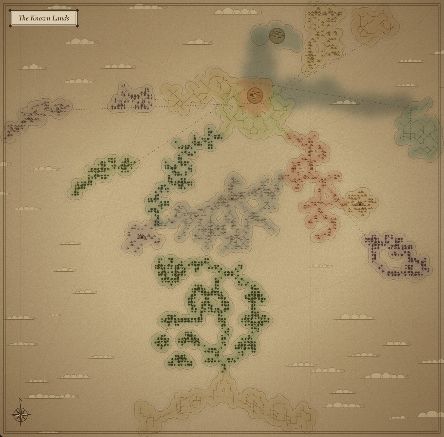 A drawn map of the known lands: the town of Embergloam in the north, the places the nine races begin around it, and the wilder country to the south.